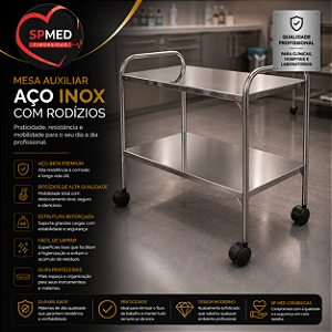 Mesa Auxiliar 90 x 50 x 80 Inox com Rodízios