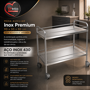 Mesa Auxiliar 90 x 50 x 80 Inox com Rodízios e Varanda