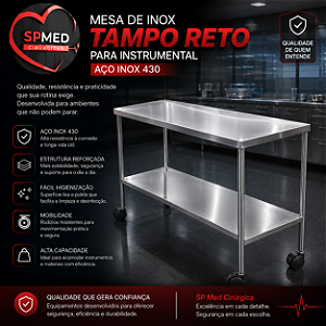 Mesa de Inox Tampo Reto para Instrumental 1,20x 0,50 x0,80cm com Rodízio