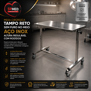 Mesa em Aço Inox TAMPO RETO - Regulável de Altura - 1,20x 0,50 x0,95cm com Rodízio