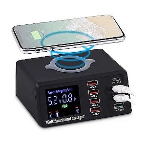 CARREGADOR AMPERIMETRO 8 SAIDAS DE CABO + 1 WIRELESS, TURBO E PD 20W / 100W MAX