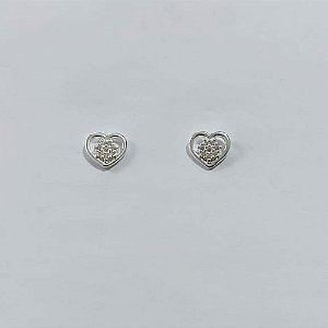 BRINCO FOLHEADA A PRATA COM 50 MILÉSIMOS + VERNIZ DIAMOND - BRINCO DE PINO CORAÇÃO COM MICRO ZIRCÔNIAS 9MM PRBR000098