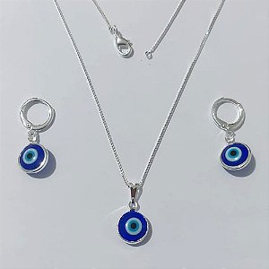 CONJUNTO FOLHEADO A PRATA COM 50 MILÉSIMOS + VERNIZ DIAMOND COM CORRENTE VENEZIANA DE 45CM OLHO GREGO AZUL ESCURO E BRINCO PRCJ000009