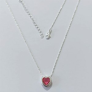 GARGANTILHA FOLHEADA A PRATA COM 50 MILÉSIMOS + VERNIZ DIAMOND - CORRENTE VENEZIANA PINGENTE CORAÇÃO COM ZIRCÔNIA ROSA 10MM PRGG000180