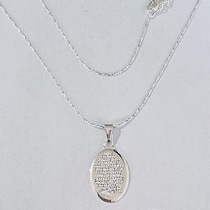 GARGANTILHA FOLHEADA A PRATA COM 50 MILÉSIMOS + VERNIZ DIAMOND CORRENTE L11 IMPORTADA 45CM PINGENTE ORAÇÃO ESPIRITO SANTO PEQUENO 20MM PRGG000183