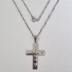 GARGANTILHA EM AÇO INOXIDÁVEL 316L CORRENTE SINGAPURA  45CM CRUCIFIXO ESCRITO JESUS 34MM ACGG000033