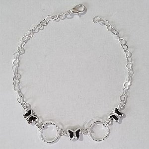 PULSEIRA FOLHEADA A PRATA COM 50 MILÉSIMOS + VERNIZ DIAMOND 19CM COM BORBOLETAS PRETAS FECHO LAGOSTA PRPS000127