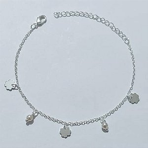 PULSEIRA FOLHEADA A PRATA COM 50 MILÉSIMOS + VERNIZ DIAMOND PULSEIRA 14CM COM PÉROLAS E TREVO + EXTENSOR PRPS000138