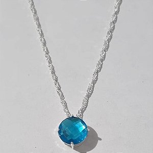 GARGANTILHA FOLHEADA A PRATA COM 50 MILÉSIMOS + VERNIZ DIAMOND CORRENTE SINGAPURA 45CM ZIRCÔNIA AZUL 12MM PRGG000599