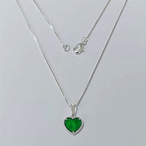 GARGANTILHA FOLHEADA A PRATA COM 50 MILÉSIMOS + VERNIZ DIAMOND CORRENTE VENEZIANA CORAÇÃO VERDE RESINA 10MM PRGG000794