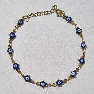 PULSEIRA EM AÇO INOXIDÁVEL DOURADA 316L 17CM OLHOS GREGOS AZUÍS+ EXTENSOR FECHO LAGOSTA ACPS000222