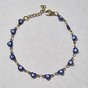 PULSEIRA EM AÇO INOXIDÁVEL DOURADA 316L 17CM OLHOS GREGOS AZUÍS FORMATO CORAÇÃO + EXTENSOR FECHO LAGOSTA ACPS000223