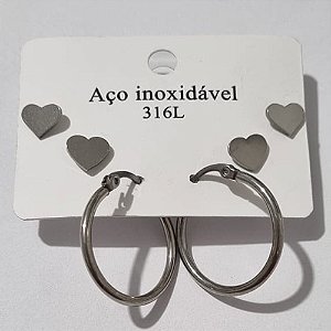 KIT BRINCO EM AÇO INOXIDÁVEL 316L ARGOLA 23MM E CORAÇÕES 8MM ACBR000107