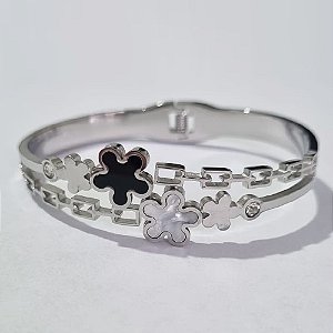 PULSEIRA (BRACELETE) EM AÇO INOXIDÁVEL FLORES BRANCA E PRETAS E MICRO ZIRCÔNIAS LARGURA 6MM ACPS000310
