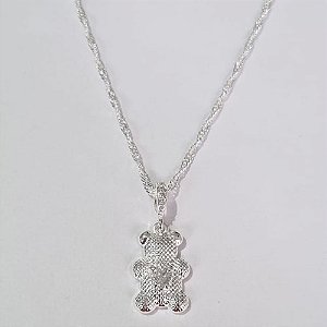 GARGANTILHA FOLHEADA A PRATA COM 50 MILÉSIMOS + VERNIZ DIAMOND CORRENTE SINGAPURA 45CM URSINHO COM ZIRCÔNIA 12MM PRGG000835