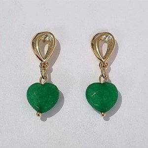 BRINCO FOLHEADO A OURO COM 6 MILÉSIMOS + VERNIZ DIAMOND BASE LISA VAZADA PEDRA NATURAL ÁGATA VERDE CORAÇÃO SEXTAVADO 12MM OUBR000066