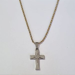 GARGANTILHA EM AÇO INOXIDÁVEL CORRENTE CORDÃO BAIANO DOURADO 56CM CRUCIFIXO ALTO RELEVO 20X30MM FECHO LAGOSTA ACGG000148