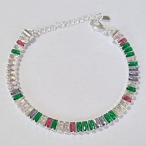 PULSEIRA FOLHEADA A PRATA COM 50 MILÉSIMOS + VERNIZ DIAMOND 16CM COM ZIRCÔNIAS COLORIDAS  + EXTENSOR FECHO LAGOSTA PRPS000551