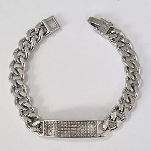 PULSEIRA EM AÇO INOXIDÁVEL 316L 19CM COM PLACA 10MM MICRO ZIRCÔNIAS LARGURA 8MM COM TRAVA ACPS000336