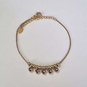 PULSEIRA EM AÇO INOXIDÁVEL BOLINHAS E OLHO GREGO 17CM + EXTENSOR FECHO LAGOSTA ACPS000343