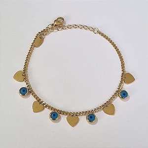 PULSEIRA EM AÇO INOXIDÁVEL CORAÇÕES LISOS E OLHO GREGO 17CM + EXTENSOR FECHO LAGOSTA ACPS000344