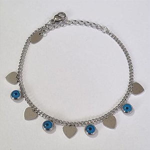 PULSEIRA EM AÇO INOXIDÁVEL 17CM COM CORAÇÕES LISOS E OLHOS GREGOS + EXTENSOR FECHO LAGOSTA ACPS000358