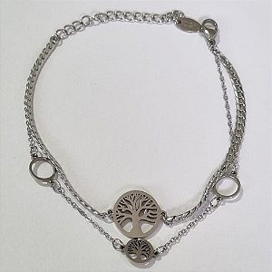 PULSEIRA EM AÇO INOXIDÁVEL 17CM DUPLA COM CÍRCULOS VAZADOS E ÁRVORE DA VIDA + EXTENSOR FECHO LAGOSTA ACPS000359
