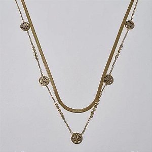 GARGANTILHA EM AÇO INOXIDÁVEL DOURADA DUPLA CORRENTE LACRAIA 35CM + CORRENTE COM BOLINHAS E ÁRVORE DA VIDA 8MM + EXTENSOR FECHO LAGOSTA ACGG000151