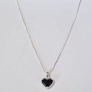 GARGANTILHA FOLHEADA A PRATA COM 50 MILÉSIMOS + VERNIZ DIAMOND CORRENTE VENEZIANA 42CM CORAÇÃO PRETO VIDRO 11MM+ EXTENSOR PRGG000879