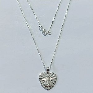 GARGANTILHA FOLHEADA A PRATA COM 50 MILÉSIMOS + VERNIZ DIAMOND CORRENTE VENEZIANA 45CM PINGENTE NOSSA SENHORA APARECIDA FORMATO CORAÇÃO 16MM PRGG000894