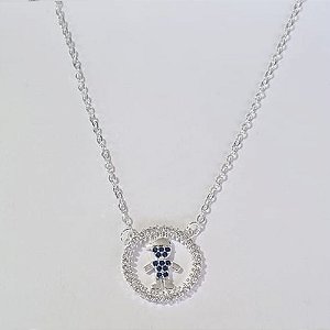GARGANTILHA FOLHEADA A PRATA COM 50 MILÉSIMOS + VERNIZ DIAMOND 50CM CORRENTE CADEADO MANDALA COM MENINO CRAVEJADO COM MICRO ZIRCÔNIAS AZUÍS 20MM + EXTENSOR PRGG000943