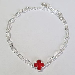 PULSEIRA FOLHEADA A PRATA COM 50 MILÉSIMOS + VERNIZ DIAMOND 19CM TREVO VERMELHO VIDRO 10MM+ EXTENSOR PRPS000583