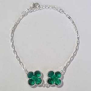 PULSEIRA FOLHEADA A PRATA COM 50 MILÉSIMOS + VERNIZ DIAMOND TIJOLINHO 18CM 2 TREVO VERDE 13MM+ EXTENSOR PRPS000588