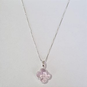 GARGANTILHA FOLHEADA A PRATA COM 50 MILÉSIMOS + VERNIZ DIAMOND 45CM CORRENTE VENEZIANA TREVO ROSA VIDRO 13MM PRGG000961
