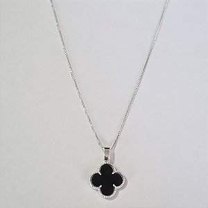 GARGANTILHA FOLHEADA A PRATA COM 50 MILÉSIMOS + VERNIZ DIAMOND 45CM CORRENTE VENEZIANA TREVO PRETO 13MM PRGG000963