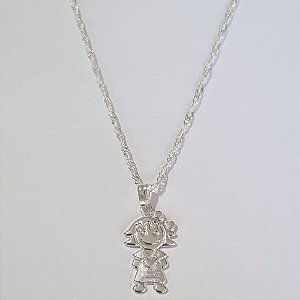 GARGANTILHA FOLHEADA A PRATA COM 50 MILÉSIMOS + VERNIZ DIAMOND 45CM CORRENTE SINGAPURA MENINA CORAÇÃO NO PEITO 12MM PRGG000967