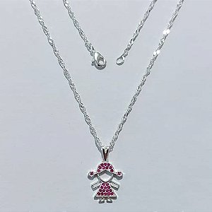 GARGANTILHA FOLHEADA A PRATA COM 50 MILÉSIMOS + VERNIZ DIAMOND 45CM CORRENTE VENEZIANA MENINA COM MICRO ZIRCÔNIAS ROSAS 14MM PRGG000971
