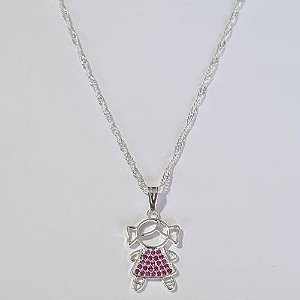GARGANTILHA FOLHEADA A PRATA COM 50 MILÉSIMOS + VERNIZ DIAMOND 45CM CORRENTE SINGAPURA MENINA LACINHO COM MICRO ZIRCÔNIAS 12MM PRGG000971