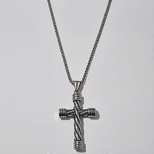 GARGANTILHA EM AÇO INOXIDÁVEL COM PINGENTE CRUCIFIXO 45MM E CORRENTE INDIANA 60CM + EXTENSOR FECHO LAGOSTA ACGG000157
