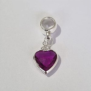 BERLOQUE FOLHEADO A PRATA COM 50 MILÉSIMOS + VERNIZ DIAMOND CORAÇÃO COM PEDRA CRISTAL ROXA 10MM (UNIDADE) PRBQ000126