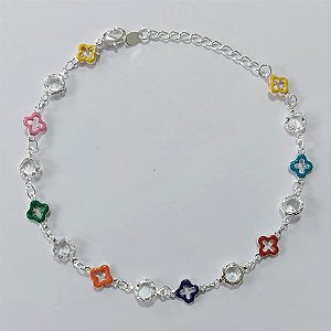 PULSEIRA FOLHEADA A PRATA COM 50 MILÉSIMOS + VERNIZ DIAMOND 18CM COM TREVOS VAZADOS COLORIDOS + EXTENSOR PRPS000637