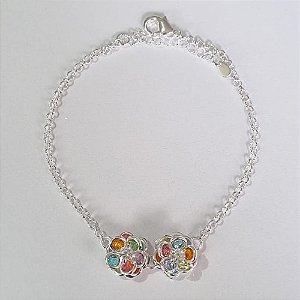 PULSEIRA FOLHEADA A PRATA COM 50 MILÉSIMOS + VERNIZ DIAMOND 18CM COM 2 FLORES DE ZIRCÔNIAS COLORIDAS 11MM + EXTENSOR FECHO LAGOSTA PRPS000639