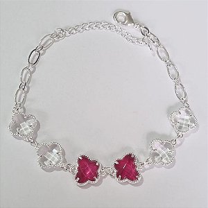 PULSEIRA FOLHEADA A PRATA COM 50 MILÉSIMOS + VERNIZ DIAMOND 17CM COM 4 TREVO DE VIDRO TRANSPARENTE  E 2 BORBOLETAS DE VIDRO ROSA 12MM + EXTENSOR FECHO LAGOSTA PRPS000662