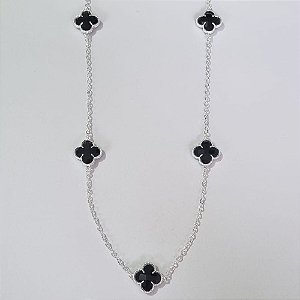 GARGANTILHA FOLHEADA A PRATA COM 50 MILÉSIMOS + VERNIZ DIAMOND CORRENTE 55CM TREVO PRETO VIDRO 13MM PRGG000993