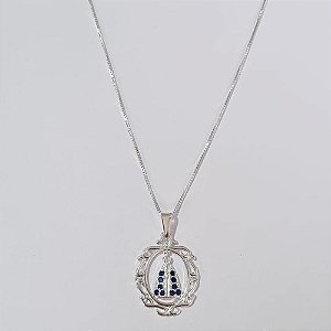 GARGANTILHA FOLHEADA A PRATA COM 50 MILÉSIMOS + VERNIZ DIAMOND CORRENTE VENEZIANA 42CM NOSSA SENHORA APARECIDA CRAVEJADO COM MICRO ZIRCÔNIAS AZUÍS 19MM + EXTENSOR FECHO LAGOSTA PRGG001003