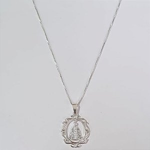 GARGANTILHA FOLHEADA A PRATA COM 50 MILÉSIMOS + VERNIZ DIAMOND CORRENTE 42CM NOSSA SENHORA APARECIDA CRAVEJADO COM MICRO ZIRCÔNIAS 19MM + EXTENSOR FECHO LAGOSTA PRGG001004