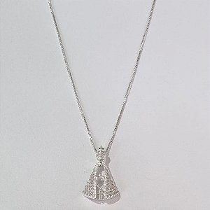 GARGANTILHA FOLHEADA A PRATA COM 50 MILÉSIMOS + VERNIZ DIAMOND CORRENTE VENEZIANA 45CM PINGENTE NOSSA SRA APARECIDA CRAVEJAD0 EM MICRO ZIRCONIAS 22MM FECHO LAGOSTA PRGG001019