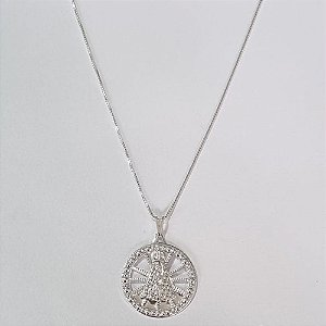 GARGANTILHA FOLHEADA A PRATA COM 50 MILÉSIMOS + VERNIZ DIAMOND CORRENTE VENEZIANA 45CM PINGENTE REDONDO NOSSA SRA APARECIDA VAZADA 23MM FECHO LAGOSTA PRGG001023