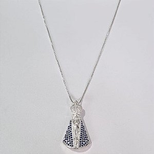 GARGANTILHA FOLHEADA A PRATA COM 50 MILÉSIMOS + VERNIZ DIAMOND CORRENTE VENEZIANA 45CM PINGENTE NOSSA SRA APARECIDA COM MICRO ZIRCÔNIAS 16X29MM PRGG001026
