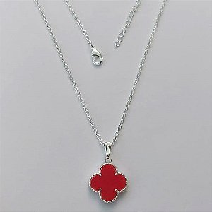 GARGANTILHA FOLHEADA A PRATA COM 50 MILÉSIMOS + VERNIZ DIAMOND CORRENTE 45CM TREVO VERMELHO 13MM (PRA303) PRGG001028